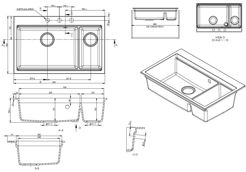 GraniteMy Limited lavello grande nero in granito una vasca e mezza 1,5 sopra piano e sottopiano incluso accessorio 76x48 cm 1208957389