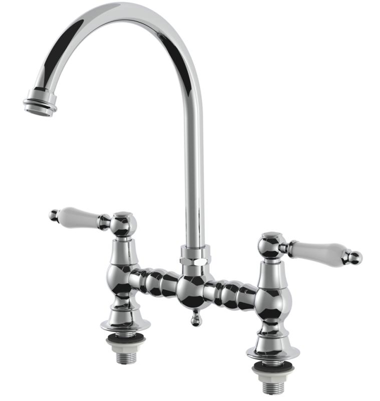 AquaTrimo CountryRubinetto da cucina classico a 2 fori a ponte nostalgico con beccuccio rotondo cromo 21CT7655CM