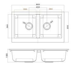 Ausmann Fibre Lavello doppia in plastica nera montaggio sopra piano 86x50cm 1208957669