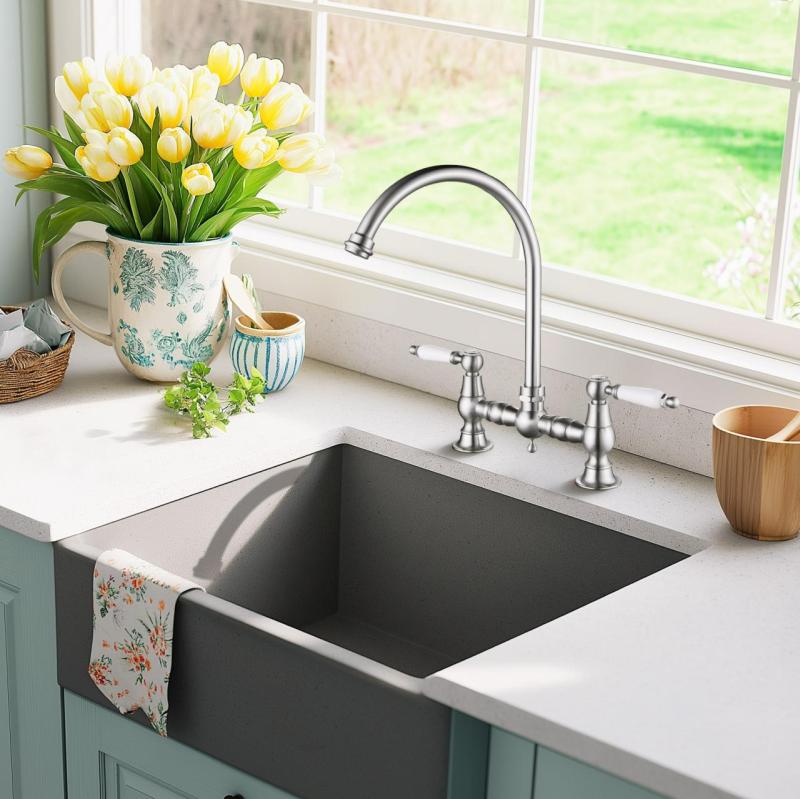 AquaTrimo Country 2 fori rubinetto da cucina classico nostalgico con beccuccio rotondo acciaio inossidabile 21CT7655NM