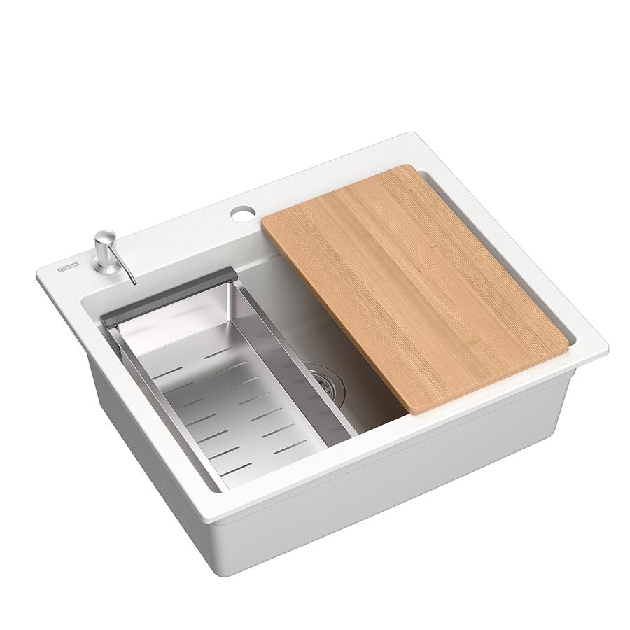 Lavello da incasso Quadri Durham in granito bianco 595x500 con dispenser di sapone, tagliere, tappetino rotolante, lavandino aggiuntivo e tappetino rotolante 1208957903 - Productafbeelding 3