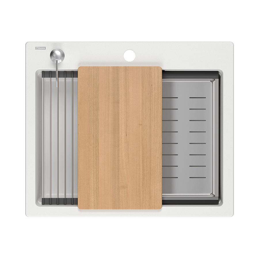Lavello da incasso Quadri Durham in granito bianco 595x500 con dispenser di sapone, tagliere, tappetino rotolante, lavandino aggiuntivo e tappetino rotolante 1208957903 - Productafbeelding
