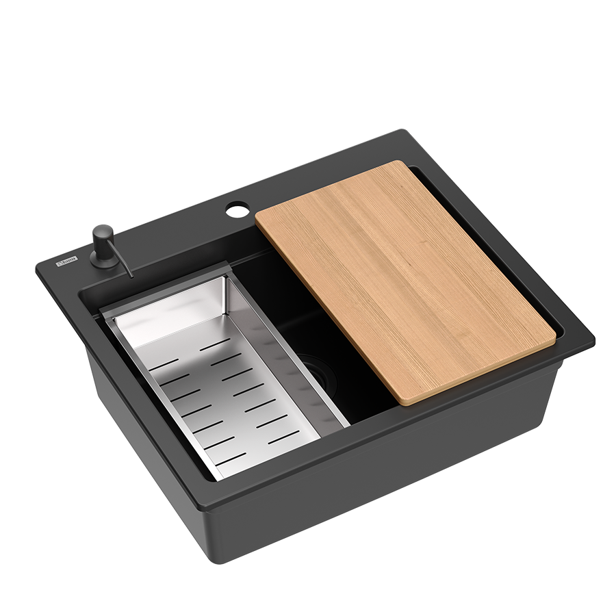 Lavabo da incasso Quadri Durham in granito nero 595x500 con dispenser di sapone, tagliere, vaschetta interna e tappetino rotolante 1208957904 - Productafbeelding 2