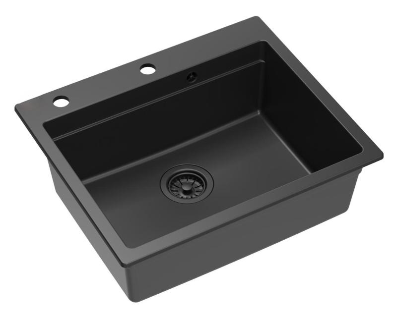 Lavabo da incasso Quadri Durham in granito nero 595x500 con dispenser di sapone, tagliere, vaschetta interna e tappetino rotolante 1208957904