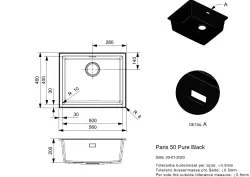 Reginox Paris 50 Lavello Regi-granito nero 50x40 cm montaggio sopra piano con tappetino arrotolabile e pulsante in acciaio inossidabile R36754