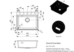 Reginox Paris 54 Lavello Regi-granito nero 60x50 cm montaggio sopra piano con foro per rubinetto tappetino arrotolabile e pulsante in acciaio inossidabile R36808