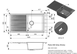 Reginox Paris 430 Lavello Regi-granito grigio 100x50 cm sopra piano reversibile con foro per rubinetto tappetino arrotolabile e pulsante in acciaio inossidabile R36891