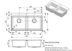 Reginox Paris 20 Lavello doppio Regi-granito bianco 90x50 cm sopra piano con tappetino arrotolabile e pulsante di in acciaio inossidabile R36921