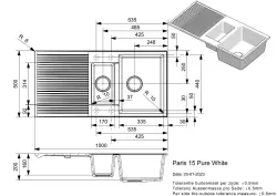 Reginox Paris 15 Lavello Regi-granito 1.5 bianco 100x50 cm sopra piano con tappetino arrotolabile e pulsante in acciaio inossidabile R36976