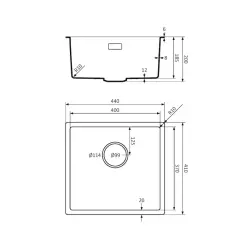 Lorreine serie BQ Lavello 44x41cm montaggio a filo e sotto piano con tappo a cestello nero 40BQ37-FU