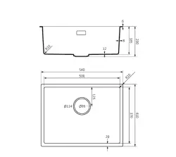 Lorreine serie BQ Lavello nero con montaggio a filo e sotto il piano 54x41cm con tappo nero 50BQ37-FU