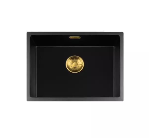 Lorreine serie BQ lavello nero con montaggio a filo e sotto piano 54x41cm con tappo dorato 50BQ37-FU-GOLD