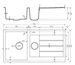 Lorreine serie BQ 1.5 lavello nero con una vasca e mezza 96x50cm montaggio sopra piano con tappo in acciaio inossidabile 3415BQ44DB-T-INOX