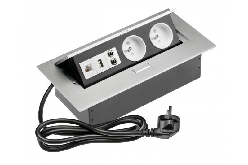 Cavo di prolunga da scrivania 2x presa con messa a terra, gn. USB, audio (banana), gn. RJ45, cavo di alimentazione con spina, alluminio 1208958677