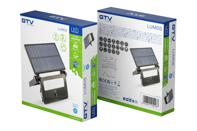 Faretto a LED solare LUMOS, con sensore di movimento, 10W, 850lm, 6400K, IP65, 120°, pannello solare, 3y 1208962938