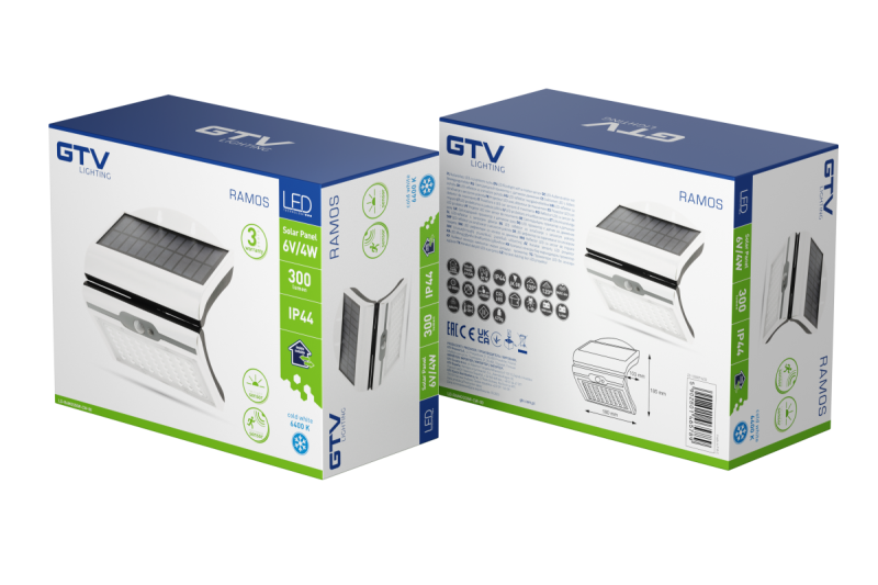 RAMOS Solar Facade Luminaire con Sensore di Movimento/Crepuscolare, 50W, 300lm, 3,7V 1800mAh, IP44, 6000K, bianco 1208963114