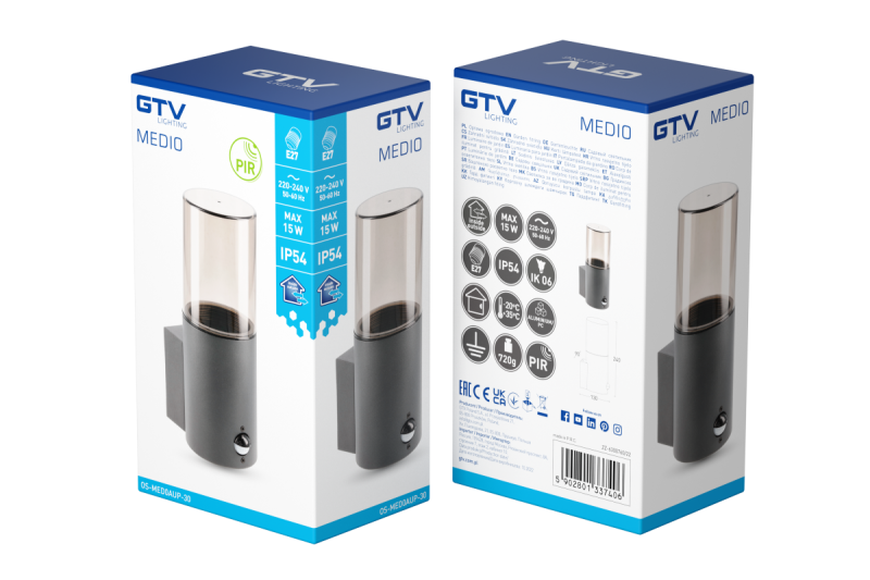 Decor Lampada da giardino MEDIO-AU PIR E27 MAX.15W IP54 AC220-240V 50-60Hz, applique da parete superiore in grafite. 1208963938