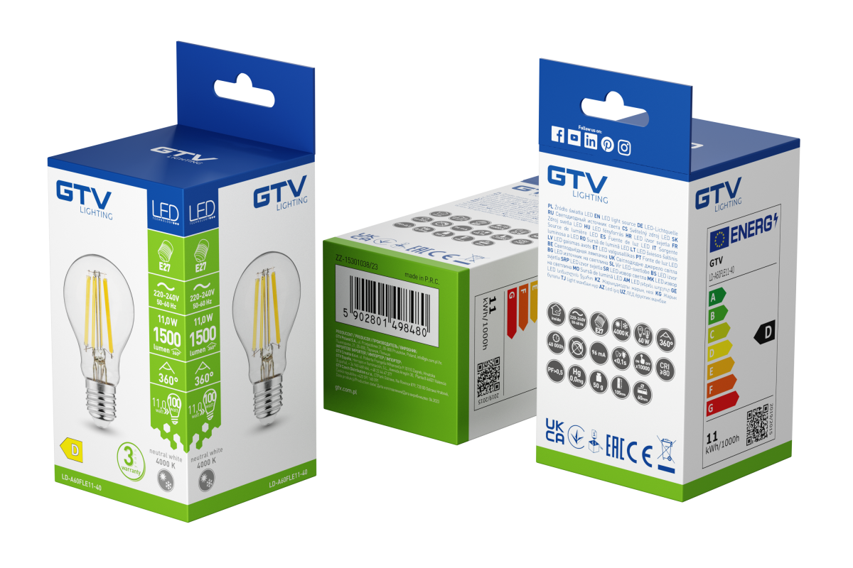 SORGENTE LUMINOSA A LED, FILAMENTO, A-G, A60, 4000K, E27, 11W, AC180-250V, 360°, 1500lm, 96mA 1208966963 - Productafbeelding 2