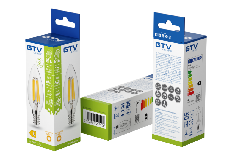 SORGENTE DI LUCE LED, FILAMENTO, A-G, C35, 2700K, E14, 5,8W, AC220-240V, 360°, 640lm, 50mA 1208966964