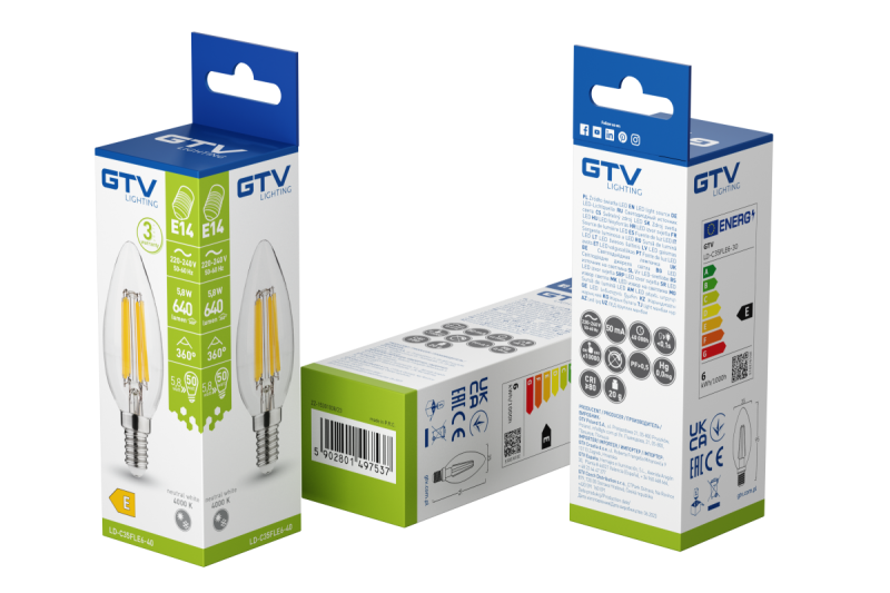 FONTE DI LUCE LED, FILAMENTO, A-G, C35, 4000K, E14, 5,8W, AC220-240V, 360°, 640lm, 50mA 1208966965