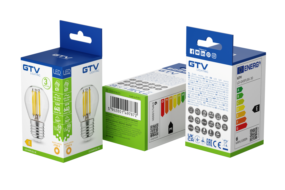 SORGENTE LUMINOSA A LED, FILAMENTO, A-G, G45, 2700K, E27, 5,8W, AC220-240V, 360°, 640lm, 50mA 1208966966 - Productafbeelding 2