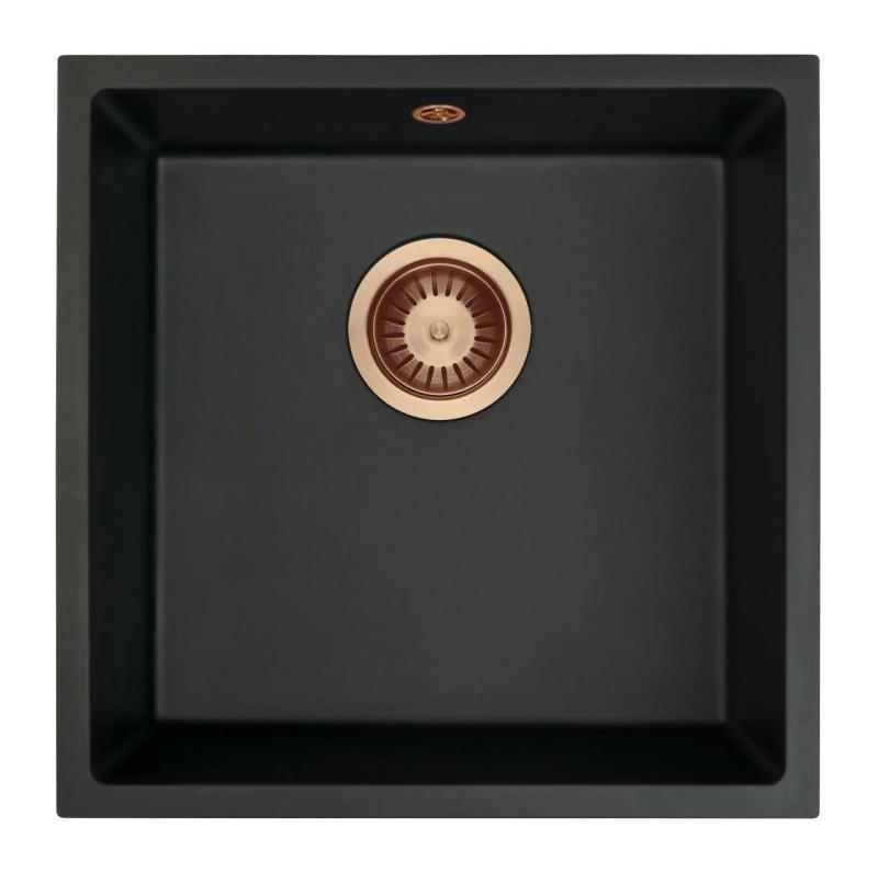 GraniteMy Universal lavello in granite nero 40x40 cm a filo sopra e sottopiano con tappo in rame 1208967114