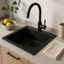 GraniteMy Universal lavello in granito nero 34x40 cm a filo sopra e sottopiano con tappo nero 1208967143