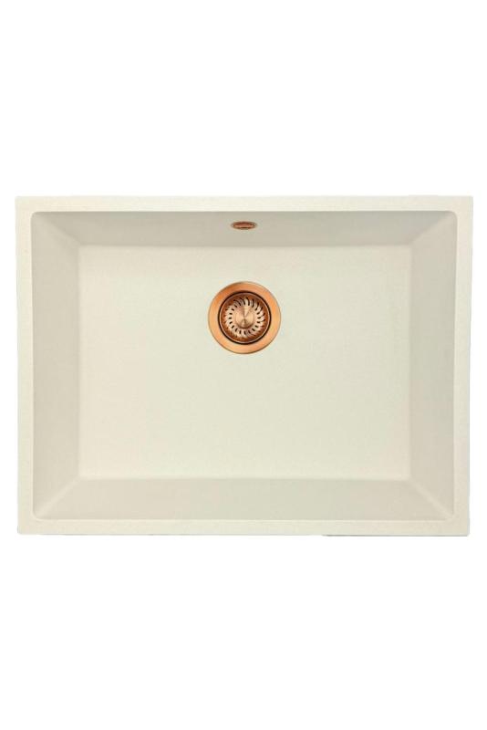 GraniteMy Lavello universale in granito bianco 55x40 cm bianco da appoggio, sottopiano e filotop con tappo in rame 1208967156