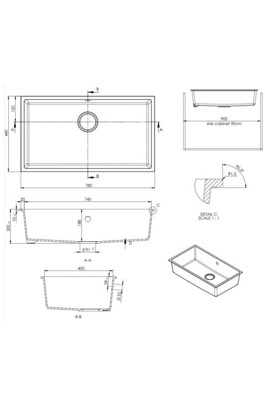 GraniteMy Universal lavello grande in granito bianco 74x40 cm a filo sopra e sottopiano con tappo nero 1208967161