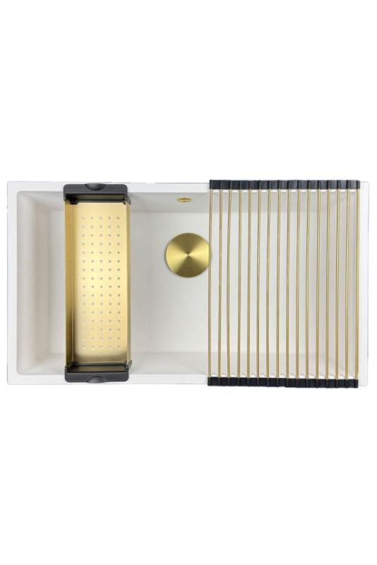 GraniteMy Universal lavello grande in granito bianco 74x40 cm a filo sopra e sottopiano con tappo dorato 1208967163