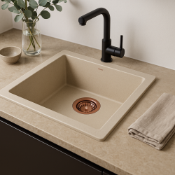 GraniteMy Universal Lavello in granito beige sabbia 40x40 cm a filo sopra e sottopiano con tappo Rame 1208967210