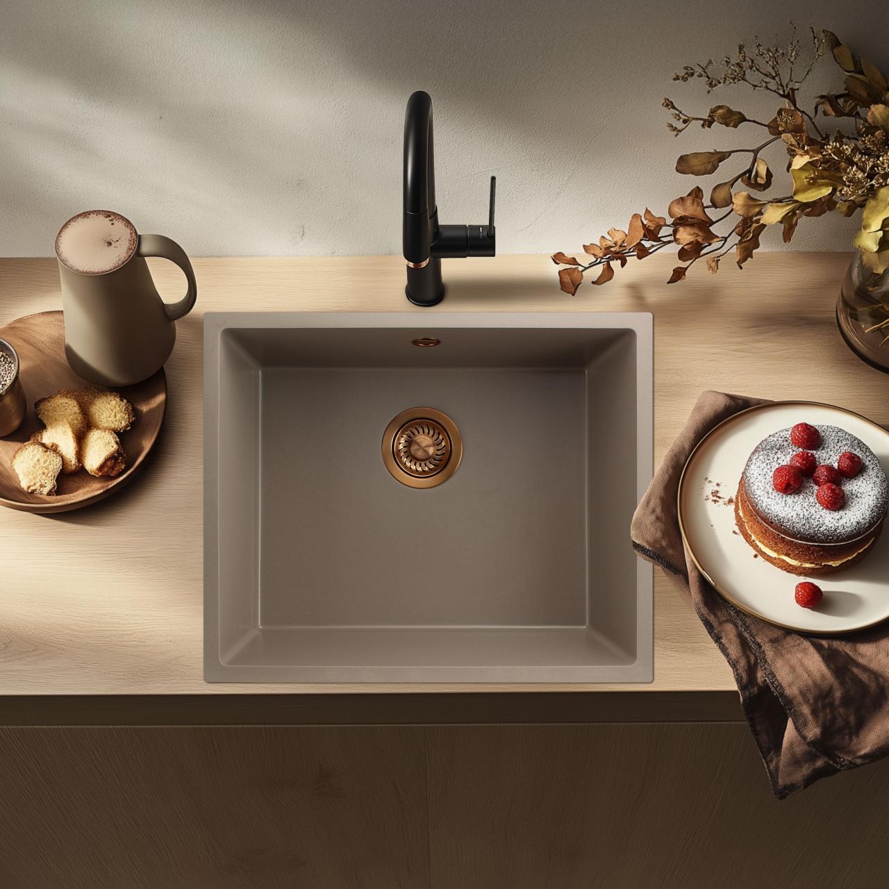 GraniteMy Universal Lavello in granito tortora 50x40 cm a filo sopra e sottopiano con tappo in rame 1208967225 - Productafbeelding 2