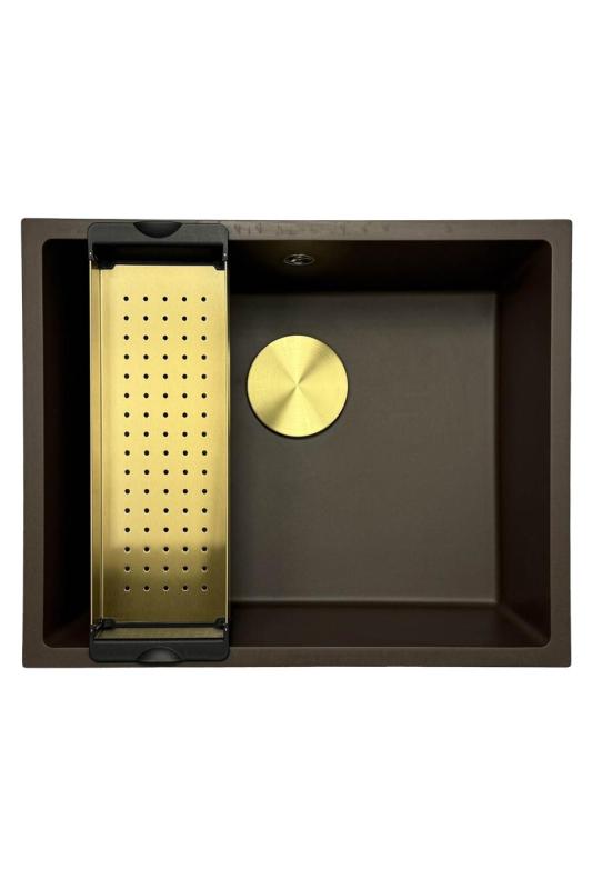 GraniteMy Universal Lavello in granito caffè 50x40 cm a filo sopra e sottopiano con tappo dorato 1208967230