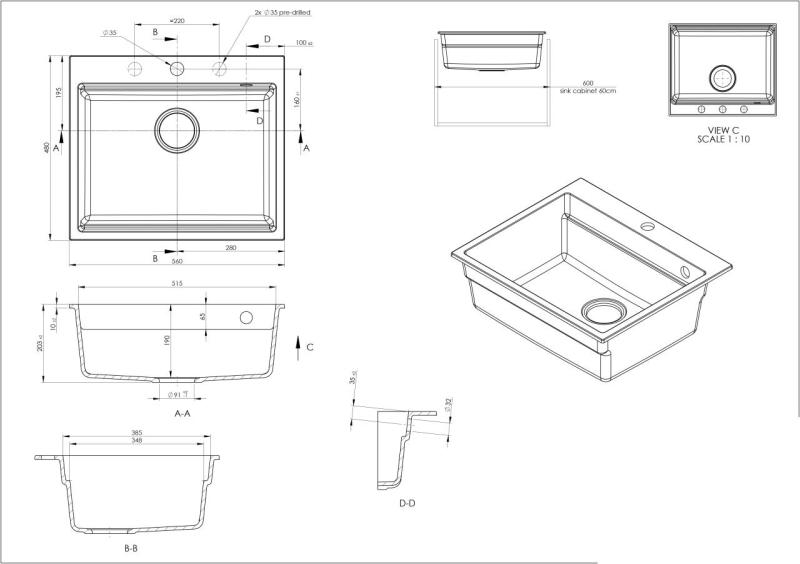 GraniteMy Lavello in granito da incasso 56x48 cm nero con tappo nero inclusi accessori 1208967233