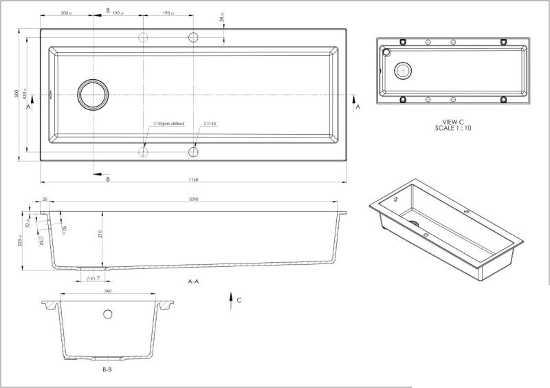 GraniteMy Trog lavello in granito nero di grandi dimensioni 116x50 cm nero da appoggio con piano per foro rubinetto con tappo in rame 1208967238