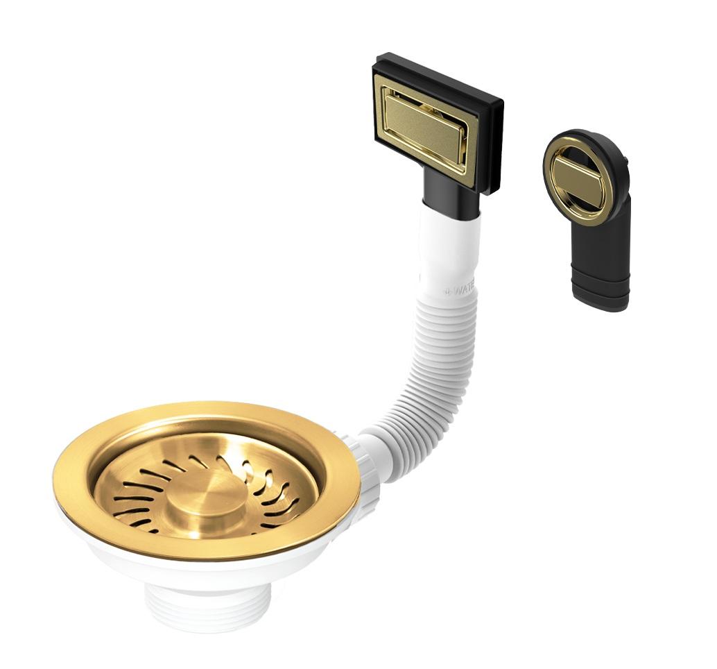 Set di tappi per cestello Granitemy in oro spazzolato PVD, set di scarico per lavello incl. sovraflusso rotondo e rettangolare 1208967251 - Productafbeelding