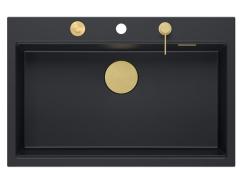 Quadri Hard Rock lavello da appoggio in granito nero opaco di grandi dimensioni 76x50cm, inclusi tappo dorato e accessori 1208967277