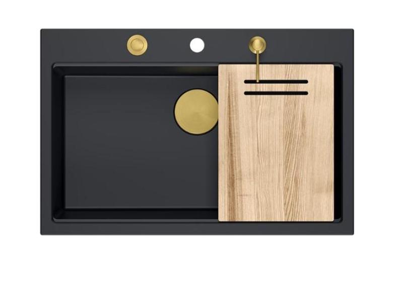 Quadri Hard Rock lavello da appoggio in granito nero opaco di grandi dimensioni 76x50cm, inclusi tappo dorato e accessori 1208967277