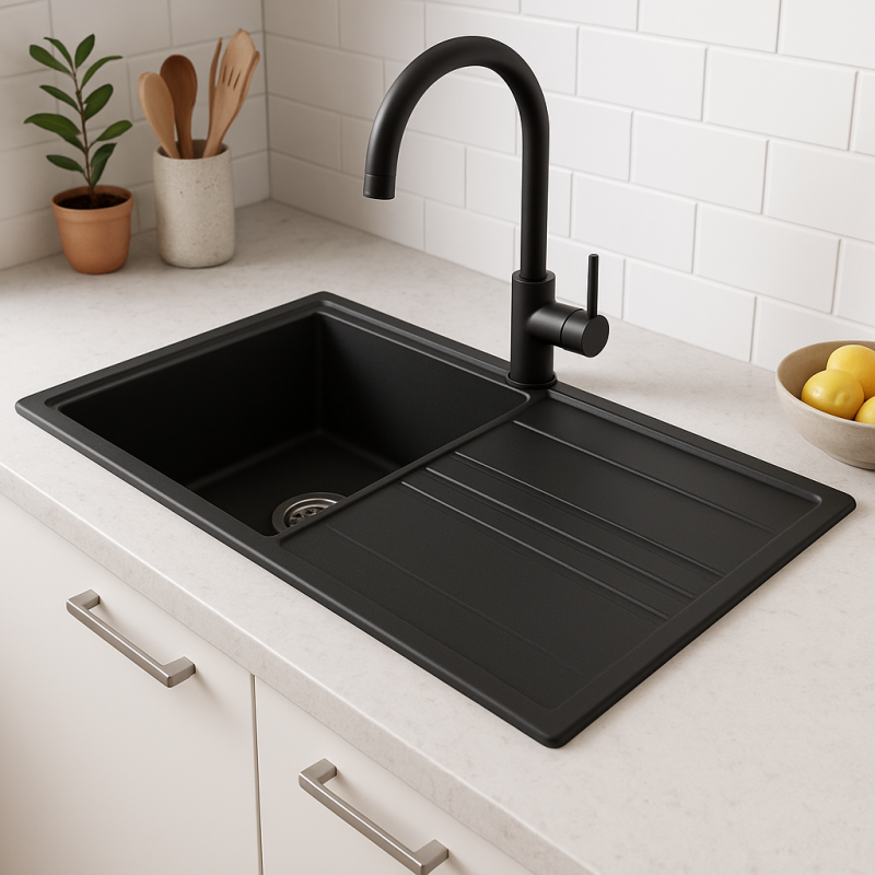 GraniteMy Vesi lavello da incasso in granito nero 86x50cm con scolapiatti reversibile con tappo in acciaio inossidabile 1208967279