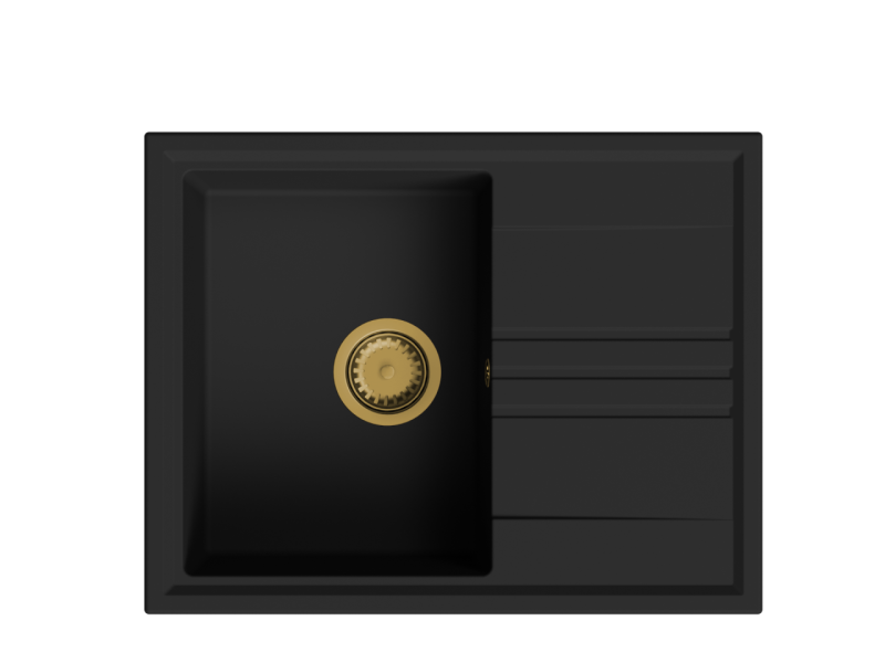 GraniteMy Vesi lavello da incasso in granito nero 64x50cm con scolapiatti reversibile con tappo dorato 1208967296