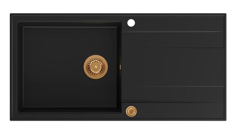 Vasca da cucina Quadri Luton in granito nero con piano di gocciolamento reversibile 100x50cm con tappo in rame 1208967316