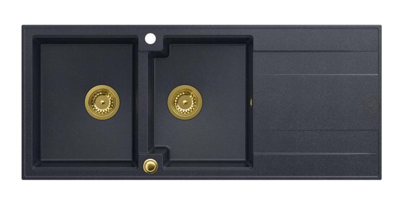 Lavello da incasso doppio in granito Quadri Luton antracite con scolapiatti 116x50 cm con tappo dorato 1208967364