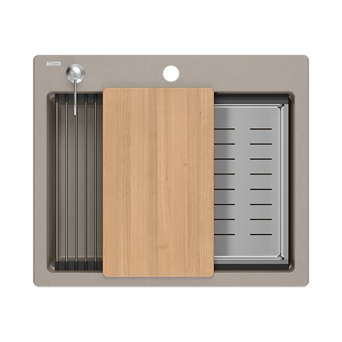 Lavello da incasso Quadri Durham in granito color taupe 595x500 con dispenser per sapone, tagliere, lavandino aggiuntivo e tappetino rotolante 1208967376 - Productafbeelding