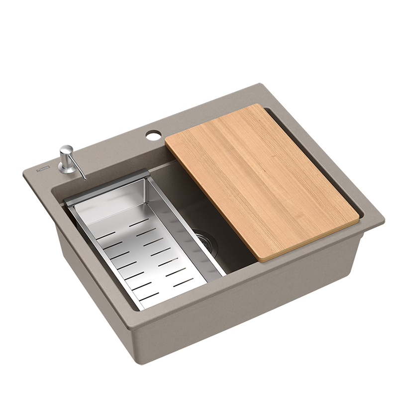 Lavello da incasso Quadri Durham in granito color taupe 595x500 con dispenser per sapone, tagliere, lavandino aggiuntivo e tappetino rotolante 1208967376 - Productafbeelding 2