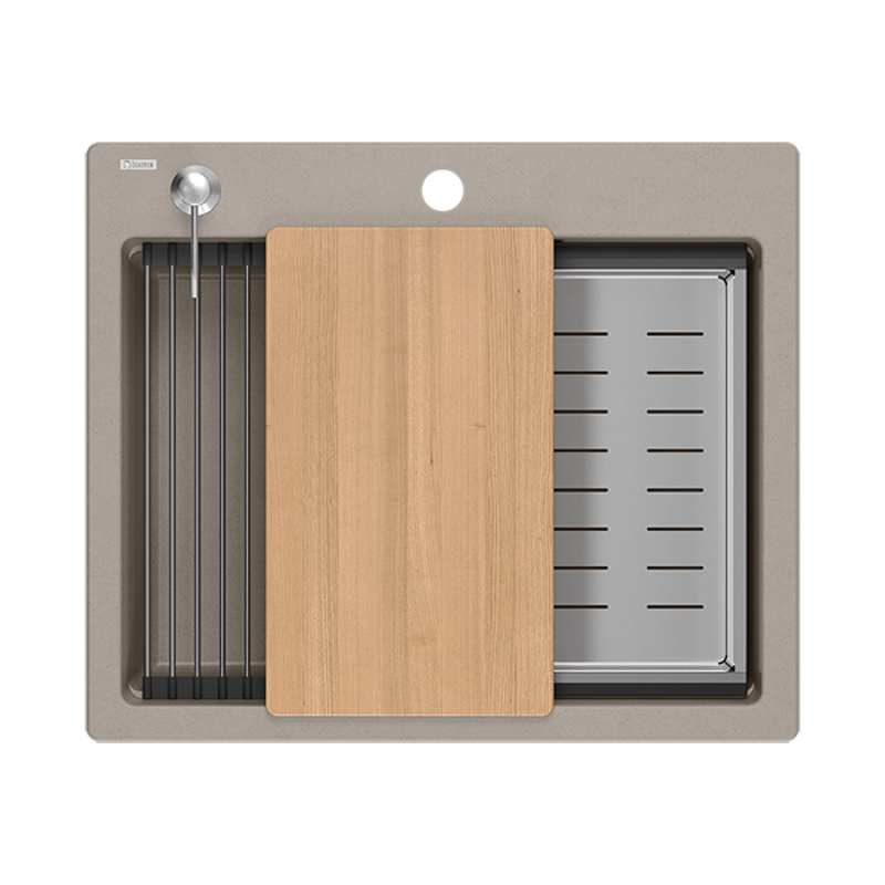 Lavello da incasso Quadri Durham in granito color taupe 595x500 con dispenser per sapone, tagliere, lavandino aggiuntivo e tappetino rotolante 1208967376