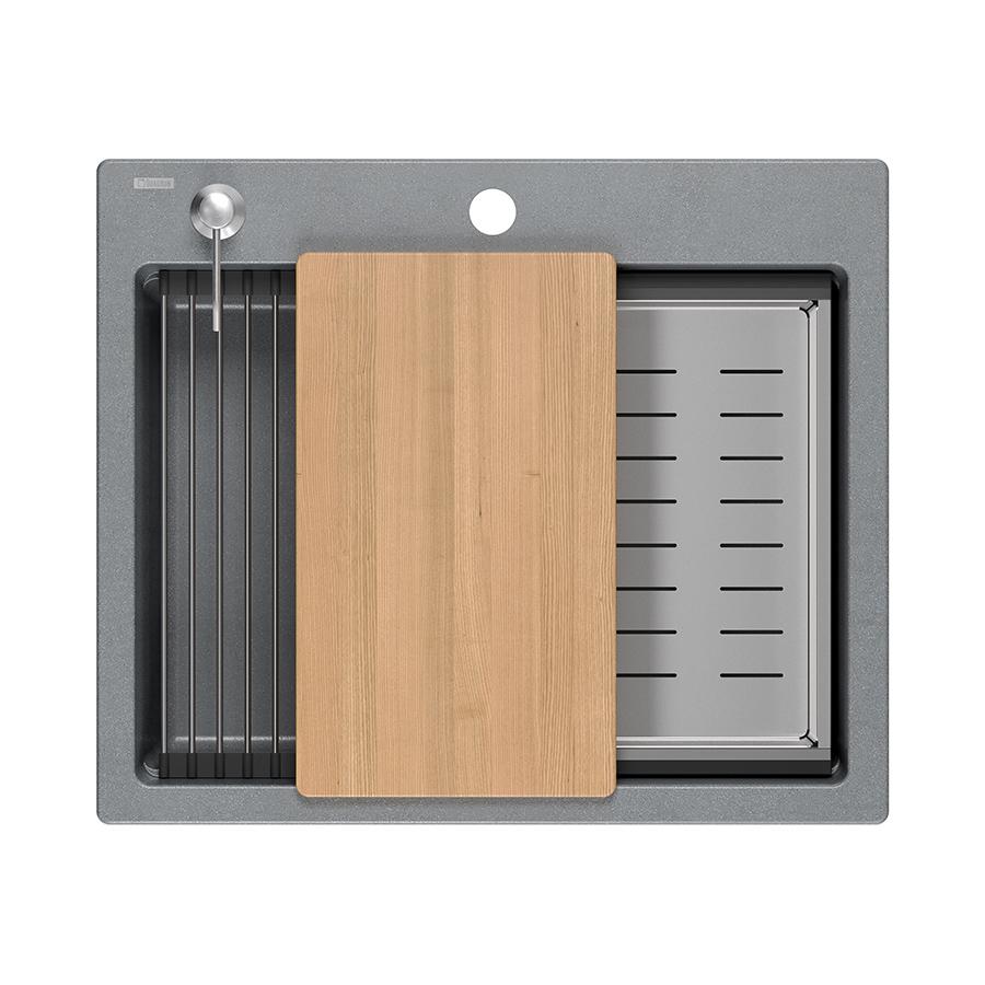 Lavello da incasso Quadri Durham in granito grigio 595x500 con dispenser per sapone, tagliere, vaschetta interna e tappetino rotolante 1208967378 - Productafbeelding