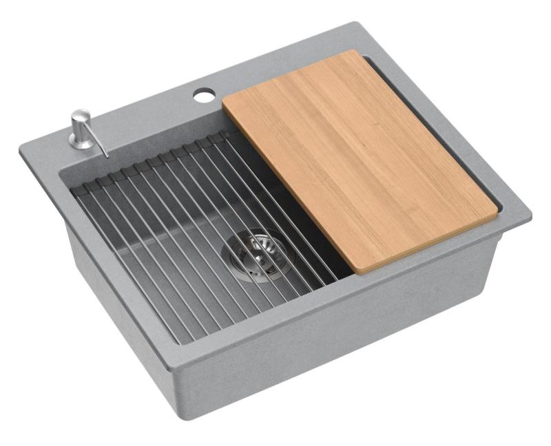 Lavello da incasso Quadri Durham in granito grigio 595x500 con dispenser per sapone, tagliere, vaschetta interna e tappetino rotolante 1208967378