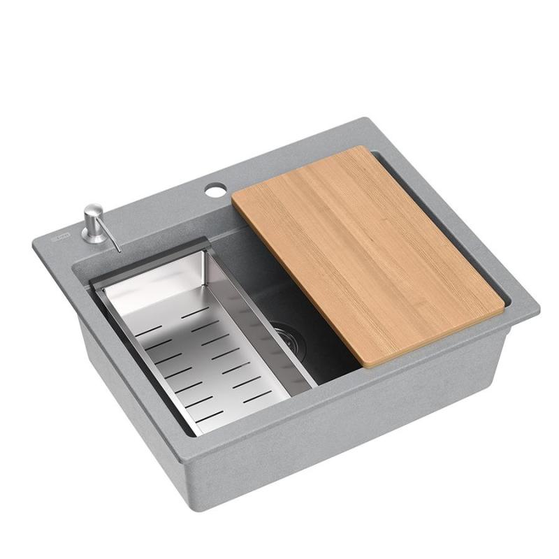 Lavello da incasso Quadri Durham in granito grigio 595x500 con dispenser per sapone, tagliere, vaschetta interna e tappetino rotolante 1208967378