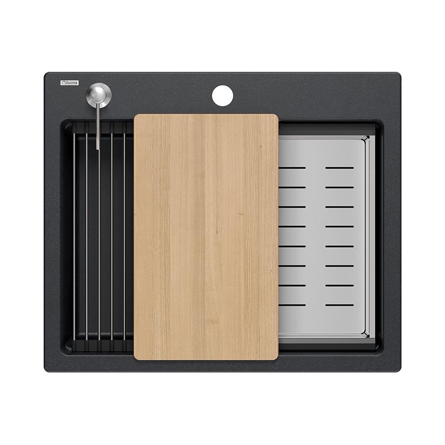 Lavabo da appoggio Quadri Durham in granito antracite 595x500 con dispenser di sapone, tagliere, vasca di inserimento e tappetino rotolante 1208967379 - Productafbeelding