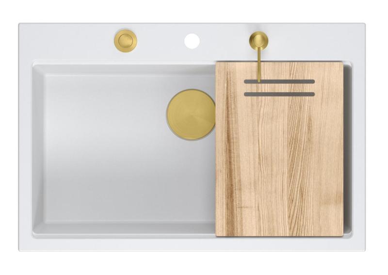 Quadri Hard Rock lavello da appoggio in granito bianco grande 76x50cm incluso tappo dorato e accessori 1208967424